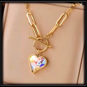 New Gold Steel Crystal Heart Borealis Prism Minimalist Paperclip Chain Necklace